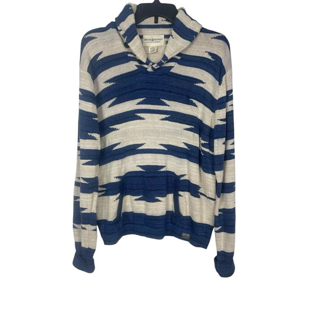 Denim & Supply Ralph Lauren Blue Cream Linen Aztec Southwestern Sweater L Read